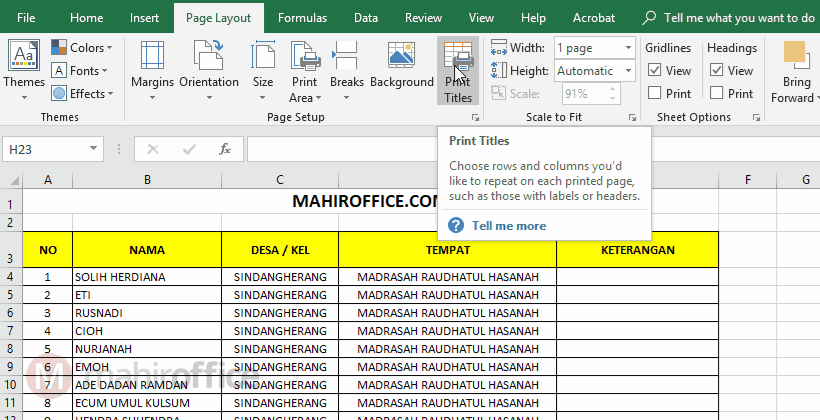 Cara Print Judul Kolom Berulang pada Excel